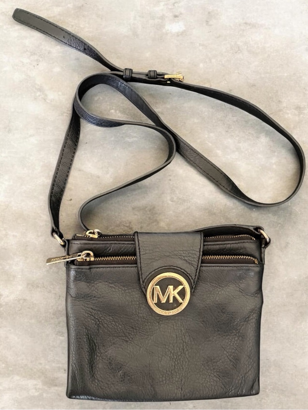 Michael Kors Black Leather Multi- Compartment Crossbody Bag with Gold MK Logo